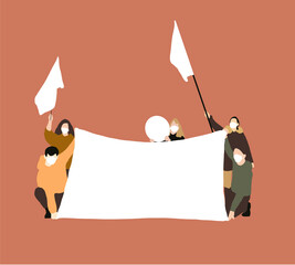 Group of young men and women holding blank signs in, banners flags protesting Demonstration, revolution, protest. People Cheering on the meeting. Crowd with banners. Vector illustration