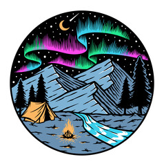 Camping in mountains and auroras illustration - obrazy, fototapety, plakaty
