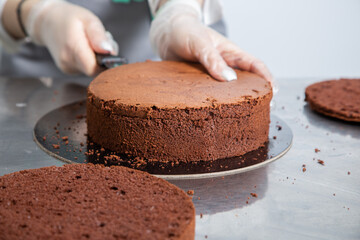 Womans hands chef cutting chocolate cake layers and stacking them on metal table