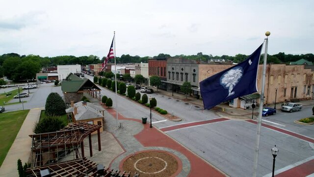 Seneca South Carolina through South Carolina and American flags aerial