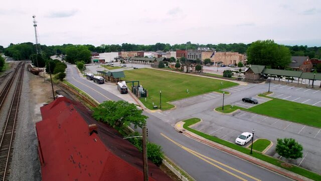 Seneca SC, Seneca South Carolina aerial push in from the railroad
