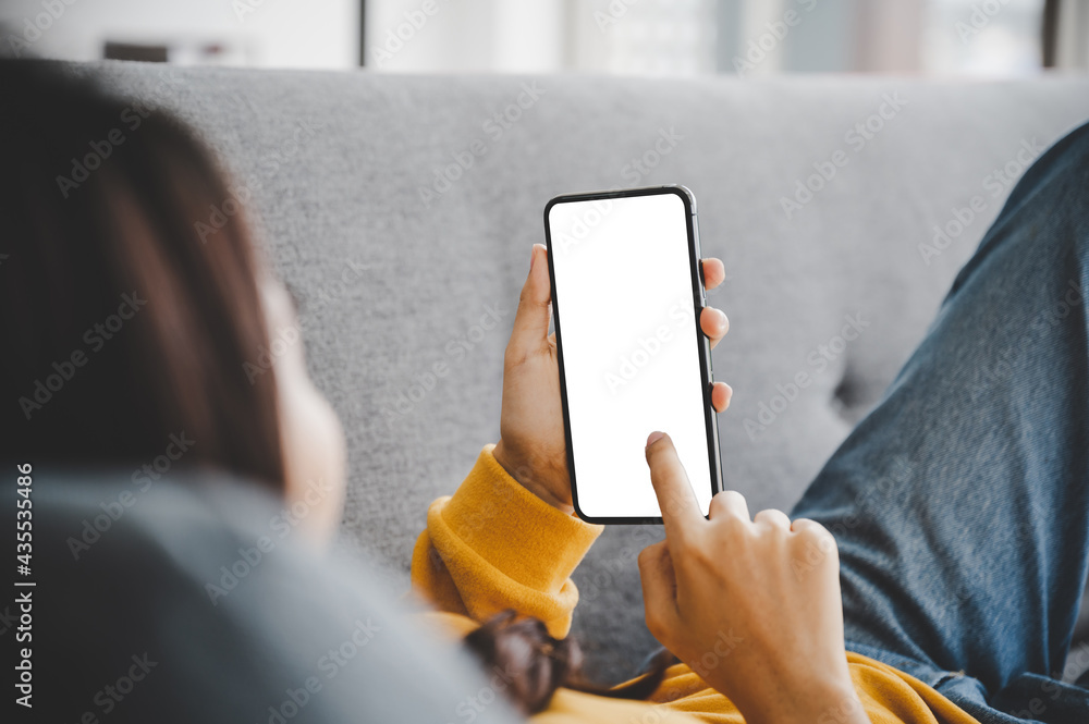 Poster woman using mobile smartphone and device white screen empty space smart phone, clipping path include