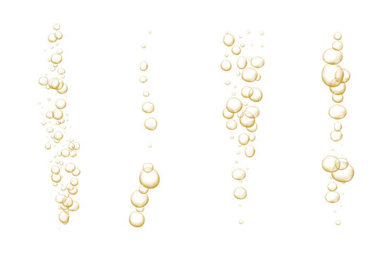 Gold fizzy bubbles. Sparkles champagne. Fizzy pop and effervescent drink. Abstract fresh soda and air bubbles, oxygen, champagne crystal. Vector illustration on black transparent background.