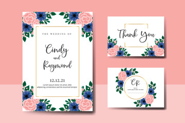 Wedding invitation frame set, floral watercolor hand drawn Rose With anemone Flower design Invitation Card Template