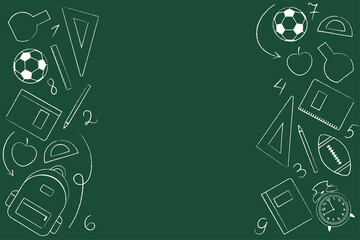  School background with school items and elements. Chalk sketches on blackboard. Template for banner, poster, flyer.