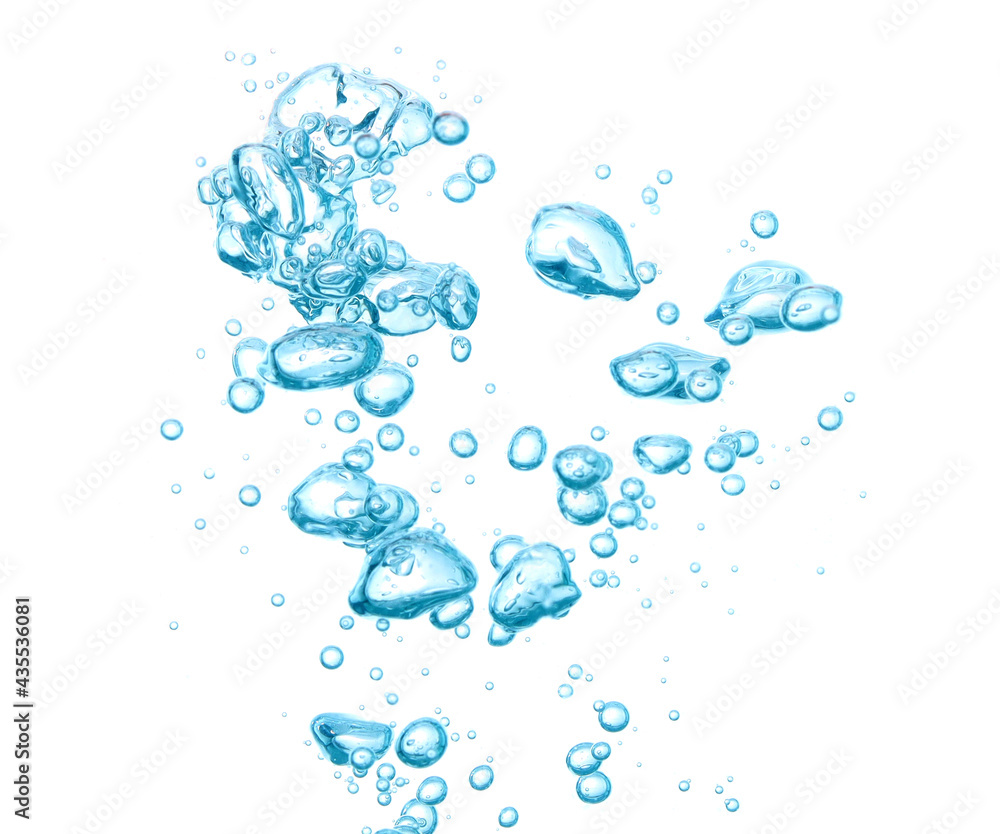 Wall mural Bubble soda and blue oxygen air, in underwater clear liquid with bubbles flowing up on the water surface, isolated on a white background - Wall murals