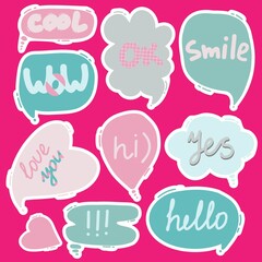 Vector clouds and hearts with inscriptions. Colorful fashion letters in various shapes. Creative freehand drawing kit. All elements are isolated