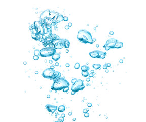 Bubble soda and blue oxygen air, in underwater clear liquid with bubbles flowing up on the water...