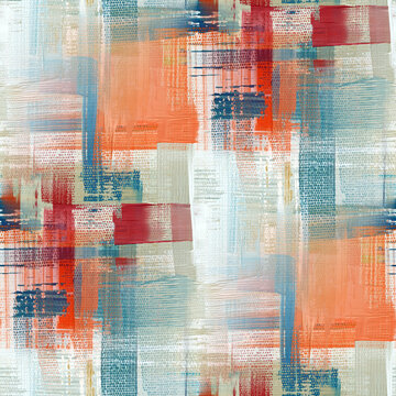 Fototapeta Canvas surface texture seamless pattern background. Oil paint brush stroke effect background. Peach, blue, orange repeated paint strokes