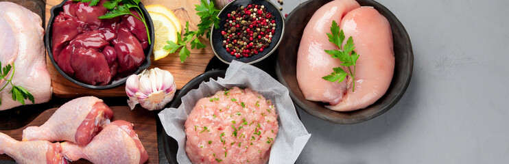 Raw chicken meat parts with spices and herbs for cooking on gray background.