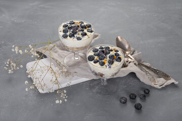 Trifles made with fresh blueberries and mascarpone cream on gray background.
