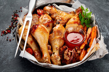 Roasted chicken legs with garlic and sauce on gray background.