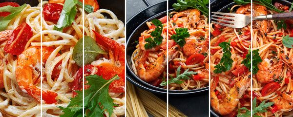 Collage of pasta with shrimps in tomato sauce. Italian cuisine.