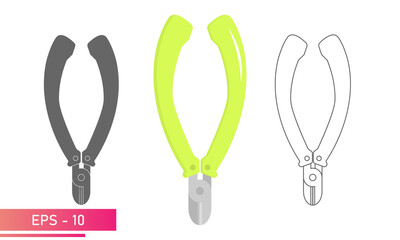 Set, Wire cutters. Linear, solid and realistic design. On a white background. Tools for workers. Flat vector illustration.