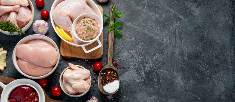 Raw chicken meat parts with spices and herbs for cooking on dark background.