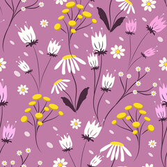 cute seamless pattern with hand drawn flowers, herbs in lilas tones. summer background in flat style. pattern for printing on fabric, clothing, wrapping paper