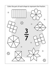 Math educational coloring page with a fraction and various shapes: Color the part of each shape to represent the fraction.Three-sevenths. Winter theme.
 - obrazy, fototapety, plakaty