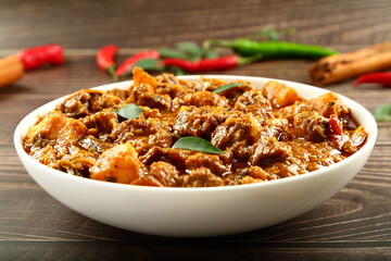 Bowl of delicious and spicy beef  curry roast .Indian cooking recipes.,