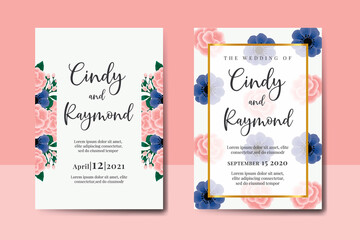 Wedding invitation frame set, floral watercolor hand drawn Rose With anemone Flower design Invitation Card Template