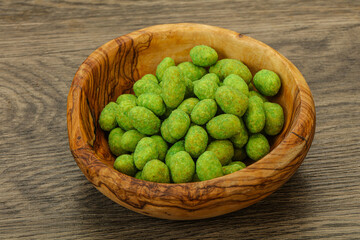 Spicy wasabi peanuts in the bowl