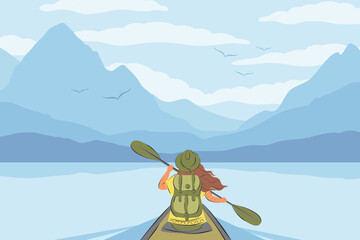 Woman with a backpack swimming in canoe or kayak among the mountains. Tourist in water trip. Wild and water fun on summer. Vector illustration in a flat style - obrazy, fototapety, plakaty