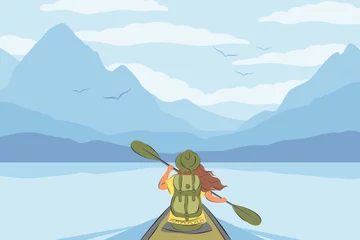 Foto op Canvas Woman with a backpack swimming in canoe or kayak among the mountains. Tourist in water trip. Wild and water fun on summer. Vector illustration in a flat style © Tatiana Bass