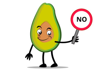 Avocado Cartoon mascot or character holding sign says no vector illustration