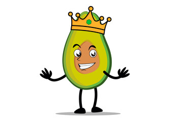 Avocado Cartoon mascot or character as a king and wearing a royal crown