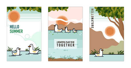 Cute duck and ducklings swim in the river with sunset. Vector illustrations set for poster and card.