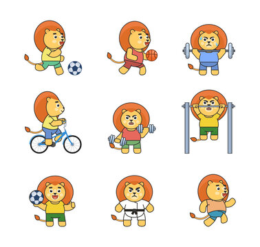 Set of lion characters doing various sports. Cute lion mascot playing football, basketball, riding bike, running and showing other actions. Vector illustration bundle