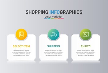 Concept of shopping process with 3 successive steps. Three colorful graphic elements. Timeline design for brochure, presentation, web site. Infographic design layout.