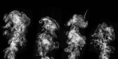 A perfect set of four different mystical curly white steam or smoke on a black background. Abstract background fog or smog, design element for Halloween, layout for collages.