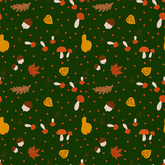 Autumn background with leaves and mushrooms. leaves, pears, mushrooms, acorns. Vector autumn Doodle poster. Cozy autumn pattern for textiles. Vector illustration