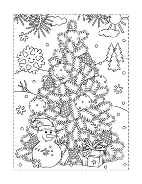 Winter holidays, New Year or Christmas joy themed coloring page with christmas tree, cheerful snowman, gift box
