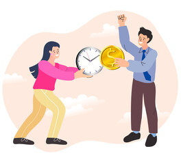A man and a woman balance a clock and a dollar coin, a vector illustration of work-life balance, time management, and the relationship between professional and personal life, with work and family.