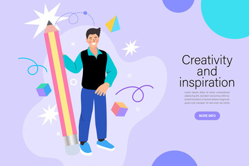 Man Creativity and inspiration. businessman and big pencil. Creative business skills. Concept of creativity, creative thinking, innovative idea, innovation, inspiration for artist, creator. vector.