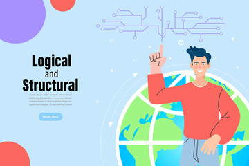 An engineer points to a circuit board diagram, showing a logical and structural approach. A globe in the background represents a global technology network or a systems engineering solution. 