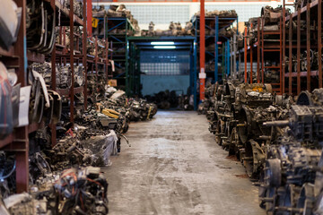 Automotive spare parts, engine at the storage warehouse or garage