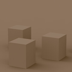 3d brown cube and box podium minimal scene studio background. Abstract 3d geometric shape object illustration render. Natural color tones.