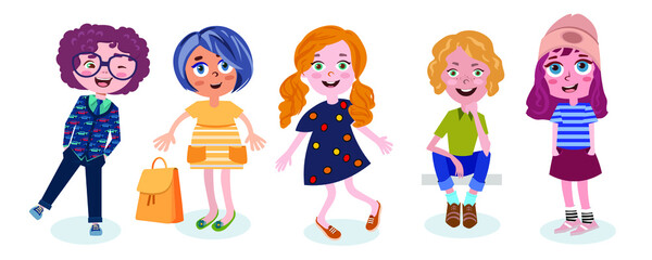 Сute fashion children in stylish clothes. Funny cartoon characters. Vector illustrations, isolated on white background.