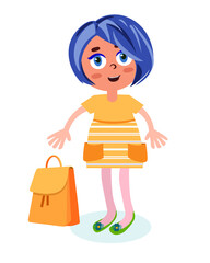 Сute fashion girl in stylish clothes with bag smiles. Funny cartoon character. Vector illustration, isolated on white background.