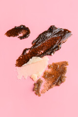 Samples of body scrub on color background