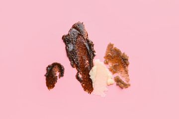 Samples of body scrub on color background