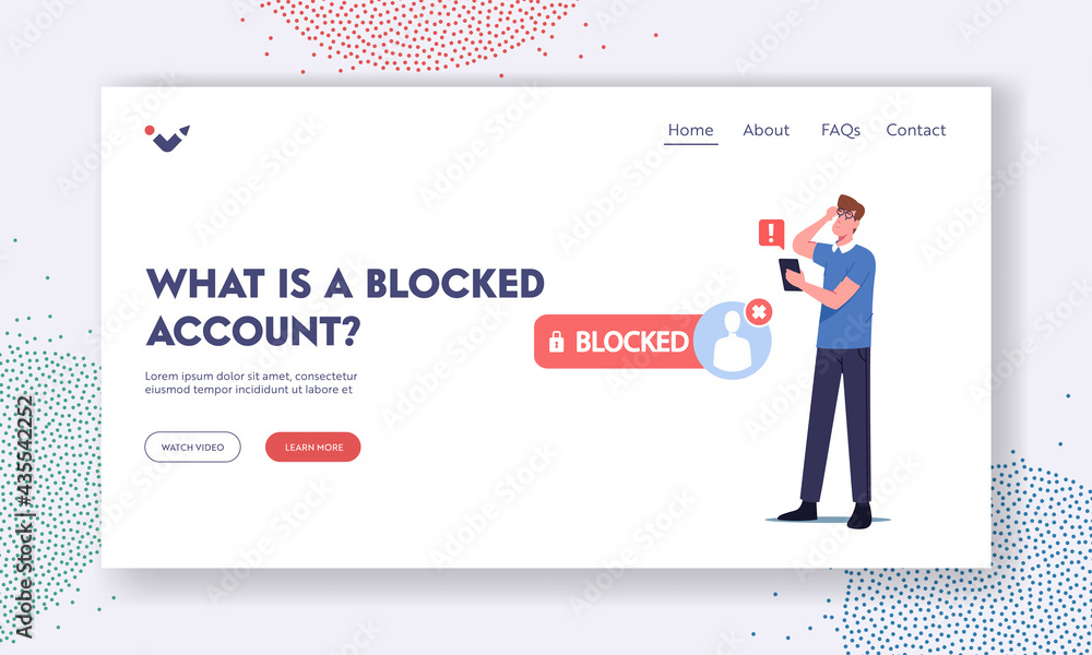 Poster what is blocked account landing page template. anxious character with smartphone shocked with intern