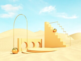 Abstract, architectural structure with arches and flying golden balls on sandy beach and sky background - 3D render with copy space. Modern minimal abstract illustration for advertising products.	
