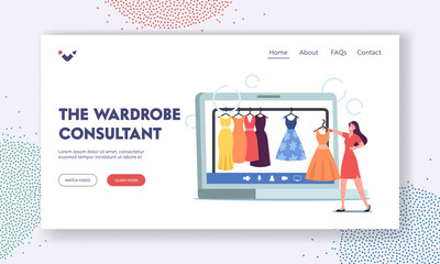 Wardrobe Consultant Landing Page Template. Woman and Personal Fashion Stylist Choose Stylish Clothes in Online Store