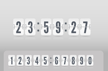Analog airport board countdown timer with hour and minute flip number. Vintage flip clock time counter vector template. White scoreboard number font with reflections floating on light background.