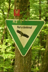 Naturdenkmal Schild mit Adler an einem Baum im Wald, Hinweistafel für ein Naturdenkmal in Deutschland