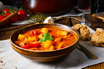 rustic Hungarian goulash soup with paprika