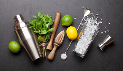 Mojito cocktail making. Ingredients and drink utensils
